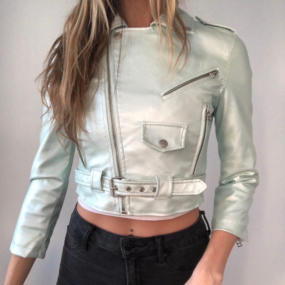 Electric Teal Leather Mini Jacket - image 4